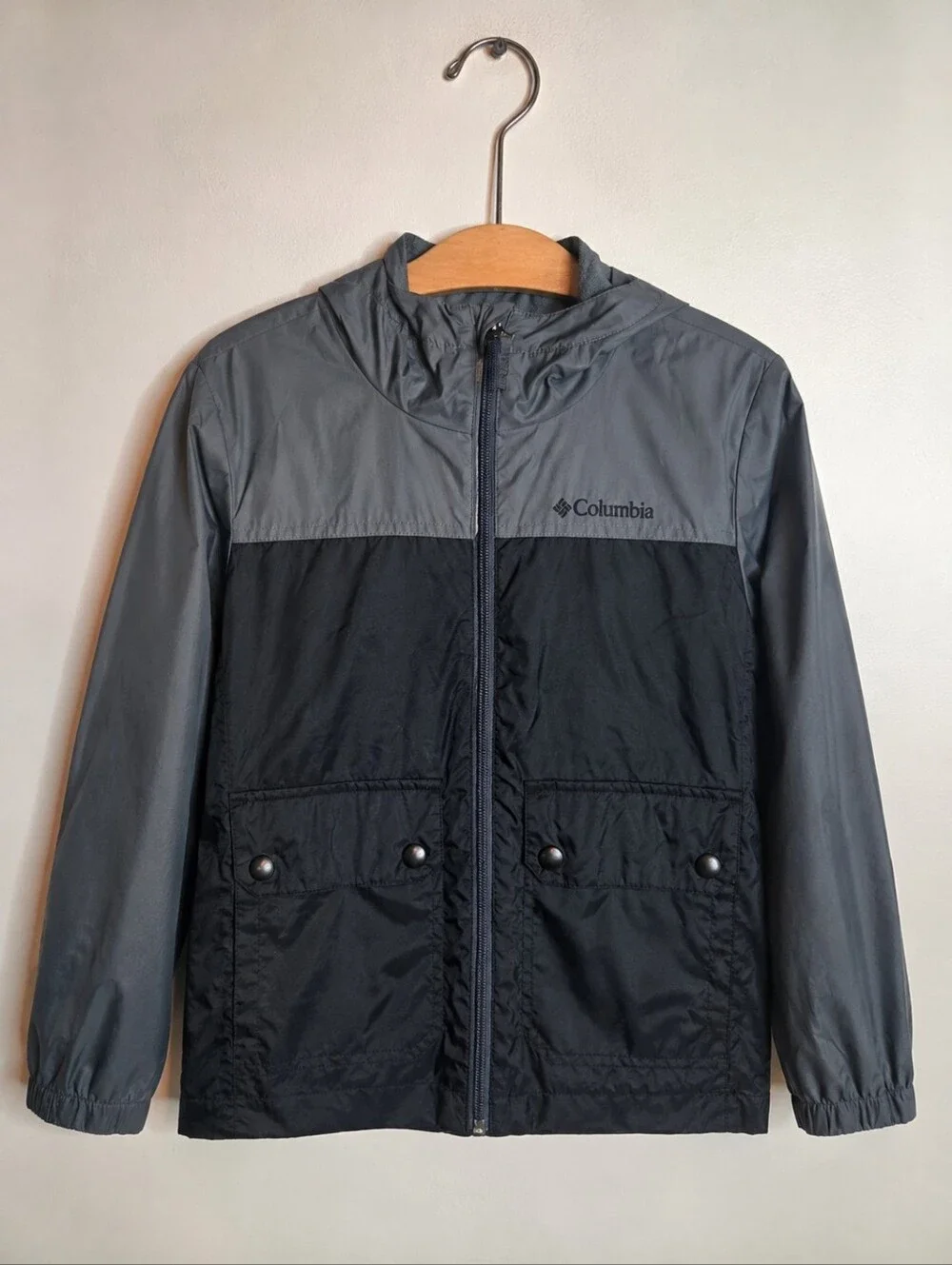 Columbia Kids XS Hooded Rain Jacket Windbreaker Gray Navy Fleece Lined
